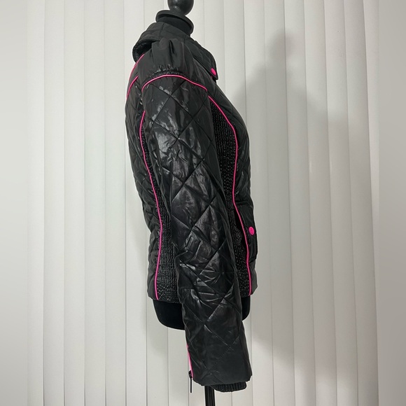SUGARFLY Quilted Puffer Moto Jacket Coat Zip Up Pockets Black Neon Pink Medium - Picture 5 of 13